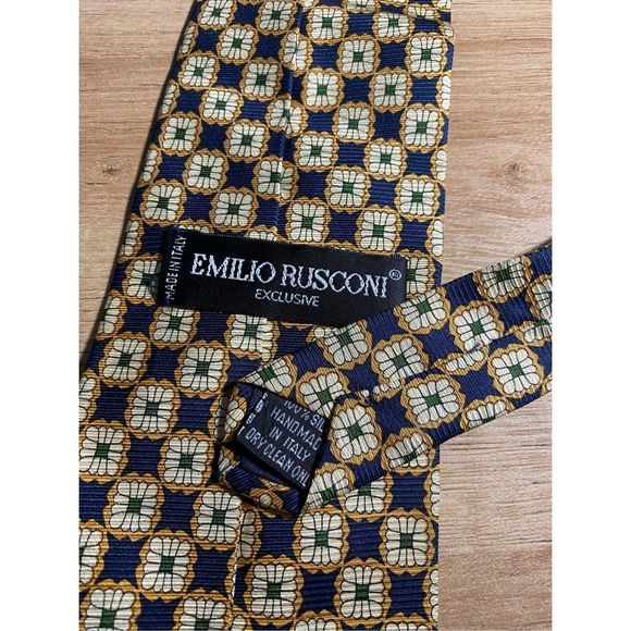 Emilio Rusconi Exclusive Silk Tie, Geometric Designer- Gold, Navy, Green, Cream - Picture 4 of 6